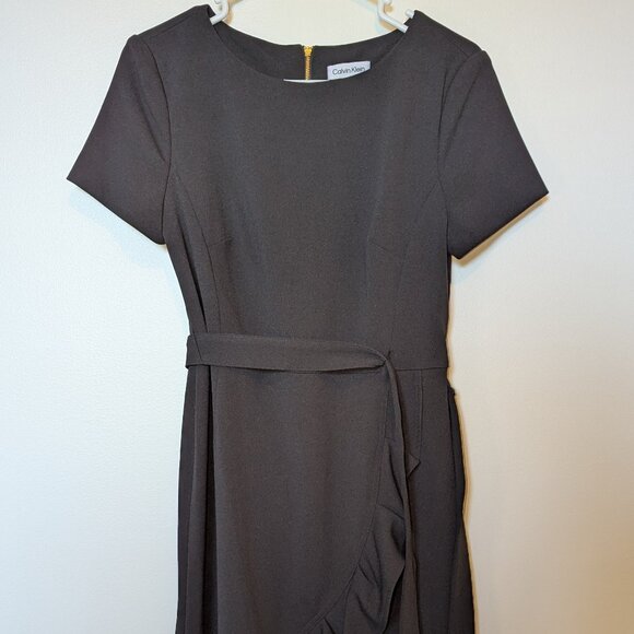 Calvin Klein | NWOT Size 8 Dress Black Flutter Skirt Short Sleeve Office Work - Picture 4 of 9